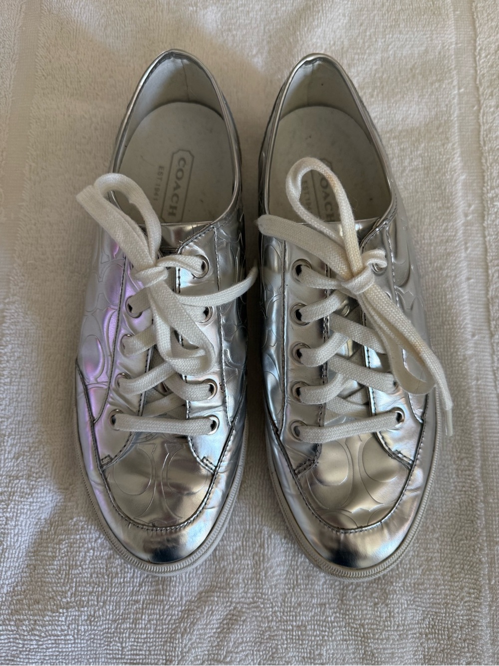 Coach Metallic Silver Signature Lace-Up Sneakers